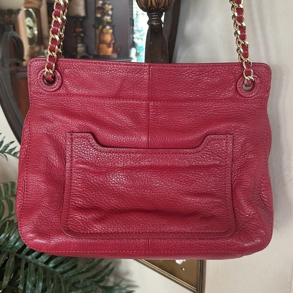 Tory Burch Genuine Leather Red Saddle Bag Gold Tone Chain Woven Shoulder Purse